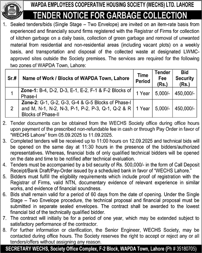 WAPDA Employees Cooperative Housing Society Lahore Tender Notice